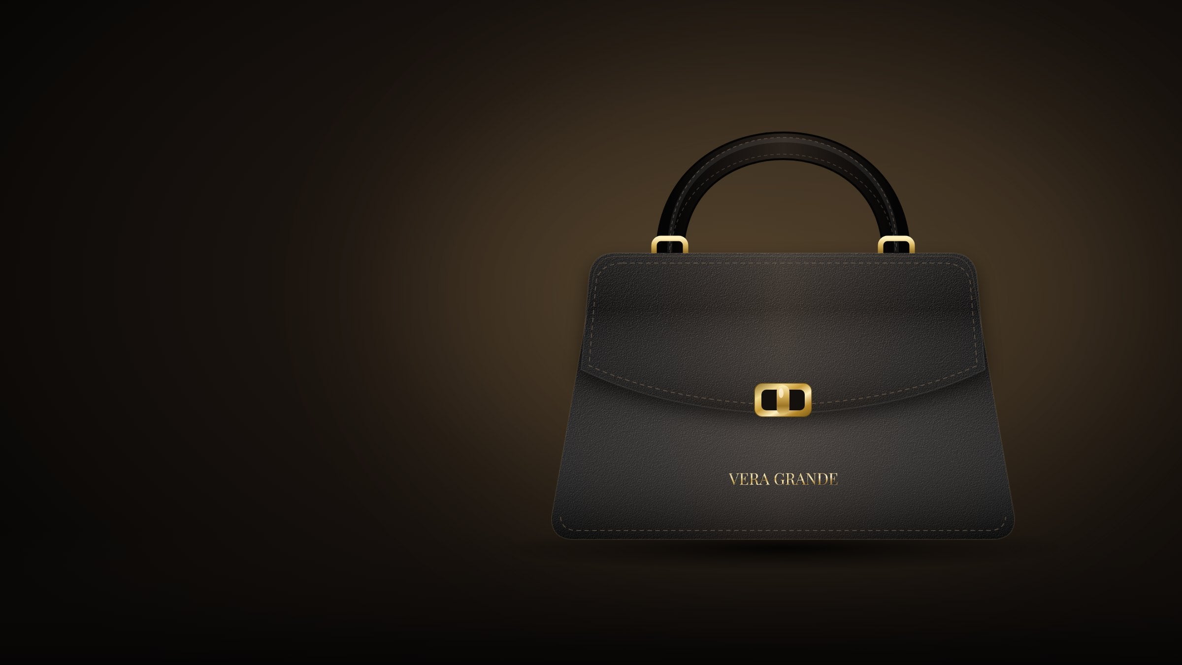 VERA GRANDE black leather top-handle bag with 7mm hot gold foil branding